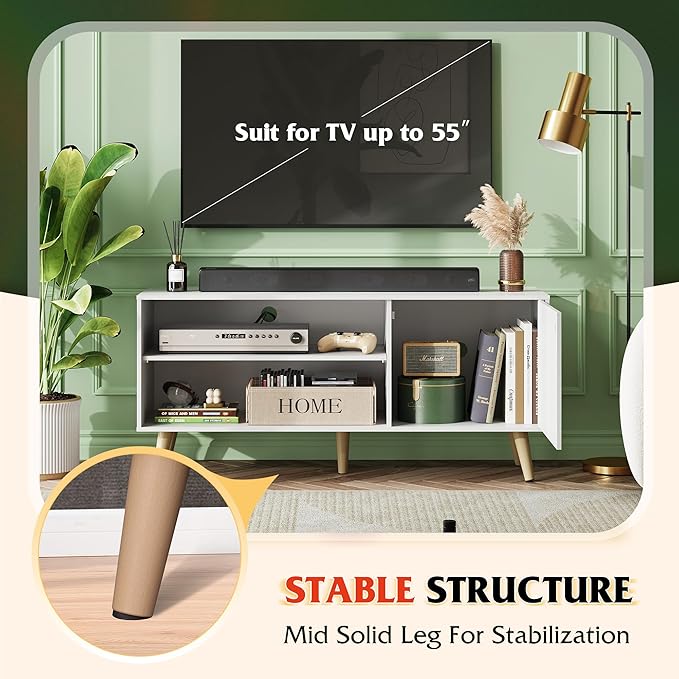 WLIVE TV Stand for 55 Inch TVs Entertainment Center with Storage Cabinet Mid-Century TV Stands for Living Room and Bedroom 50 TV Console White