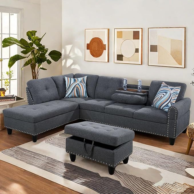FONTOI L Shaped Sectional Couch with Otttoman 97 Leather Sectional Sofa for Living Room Modular Couches with Cup Holders for Bedroom Apartments Grey