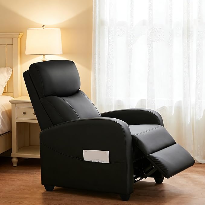 Simple Deluxe Recliner Chair - Adjustable Push Back PU Leather Recliner Plush Reading Chair &amp Luxe Sofa Chair for Living Room Chairs or Bedroom Chair Single Recliner for Home Theater
