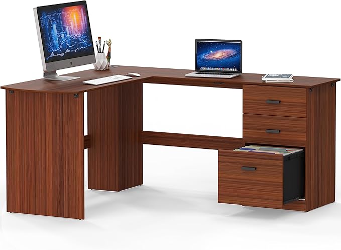 SHW 51 x 59 Inches L-Shaped Home Office Wood Corner Desk with Box Box File Drawers Walnut