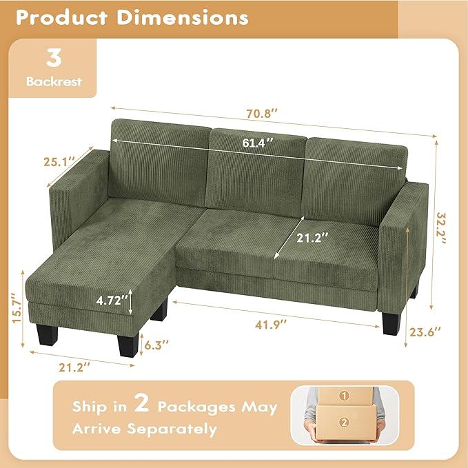 VICTONE Convertible Sectional Sofa Couch 3 Seat L-Shaped Sofa with Linen Fabric Ottoman Small Couch for Small Apartments Living Room and Office (Corduroy Green)