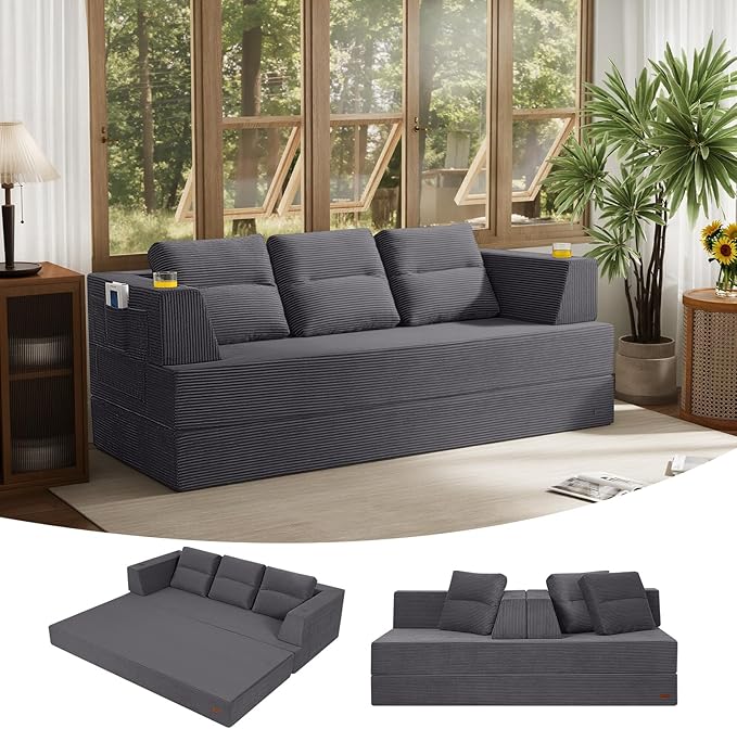 COMAX Futon Sofa Bed Queen 79 Convertible Sofa Bed Couches for Living Room 4 in 1 Folding Boneless Sleeper Corduroy Couch Loveseat Foam in a Box Comfy Foldable Lounge Fold Out Floor Mattress Grey