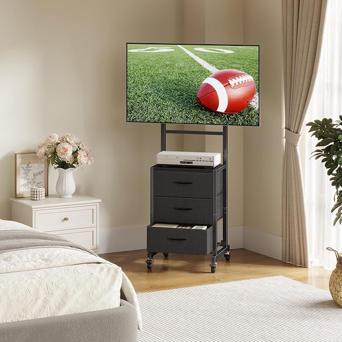 GYIIYUO Rolling TV Stand with 3 Storage Fabric Drawers/Mount/Wheels Small Mobile TV Stand for 32-55 inch TVs Corner TV Cart for BedroomOfficeLiving Room(Black)