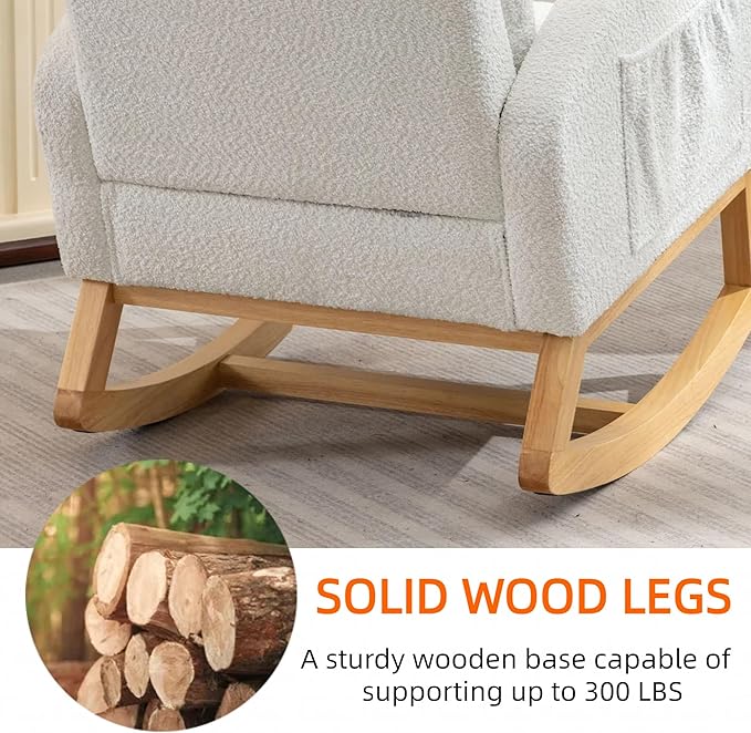 Modern Nursery Rocking Chair with Footrest High-Back Reading Chair Versatile Accent Lounge Chair with Storage Pocket Upholstered Glider for Bedroom Living Room