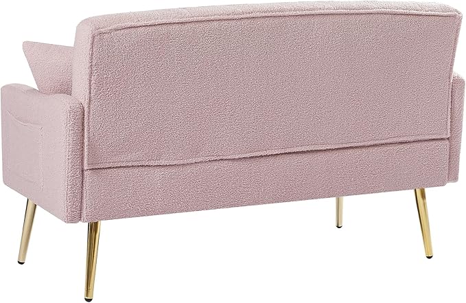 Small Loveseat Sofa Modern 2 Seater Teddy Fabric Small Sofa Couch with Gold Metal Legs and 2 Pillows for Living Room (Pink Teddy Fabric)