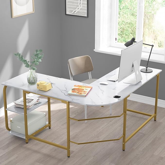 L Shaped Computer Desk with G Shaped Shelves for Home Office Corner Computer Desk for Small Space White Marble and Gold Frame