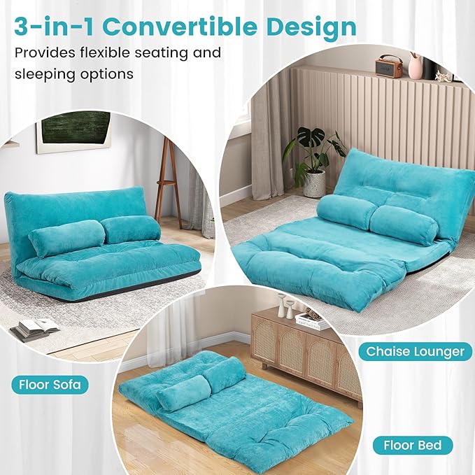 KOMFOTT Foldable Floor Lazy Sofa with 2 Pillows 6-Position Adjustable Reclining Sofa Sleeper Bed Convertible Futon Couch Bed Floor Couch Lounge for Relaxing Reading Playing Gaming (Turquoise)