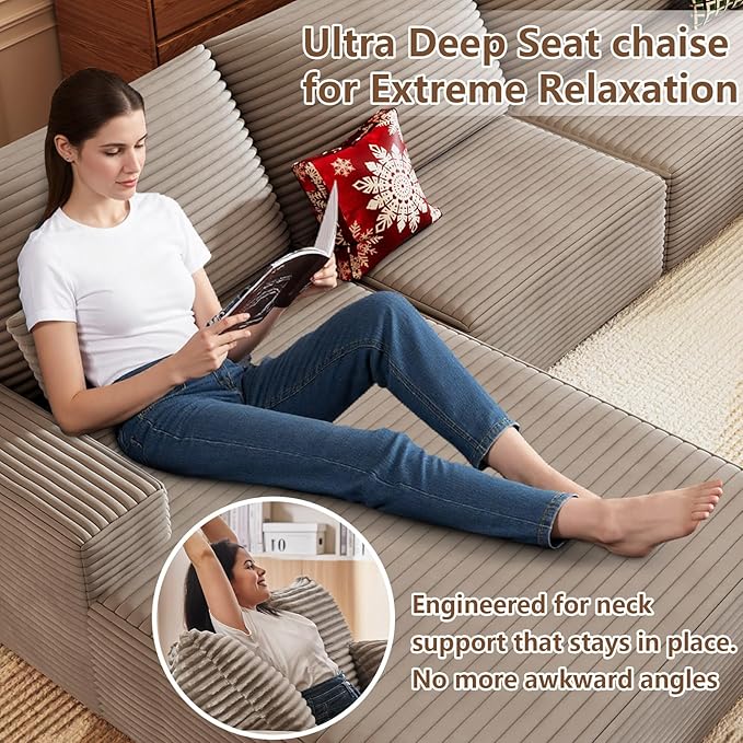 136 Boneless Cloud Couch with OttomanMoudular Sectional Sofa with Deep SeatModern Minimalist Sofas with 4 SeaterCorduroy U Shaped Couches for Living RoomNo Assembly(CamelLeft Facing Chaise)