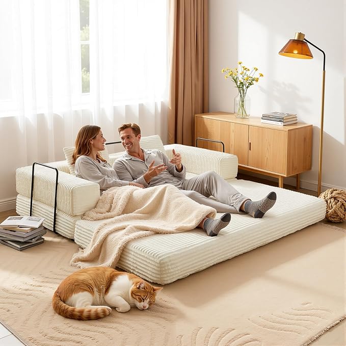 81'' Futon Sofa Bed Folding Floor Couch Bed Corduroy Fabric Boneless Couch Compressed Boneless Sofa in a Box Comfy Sleeper for Living Room-Beige