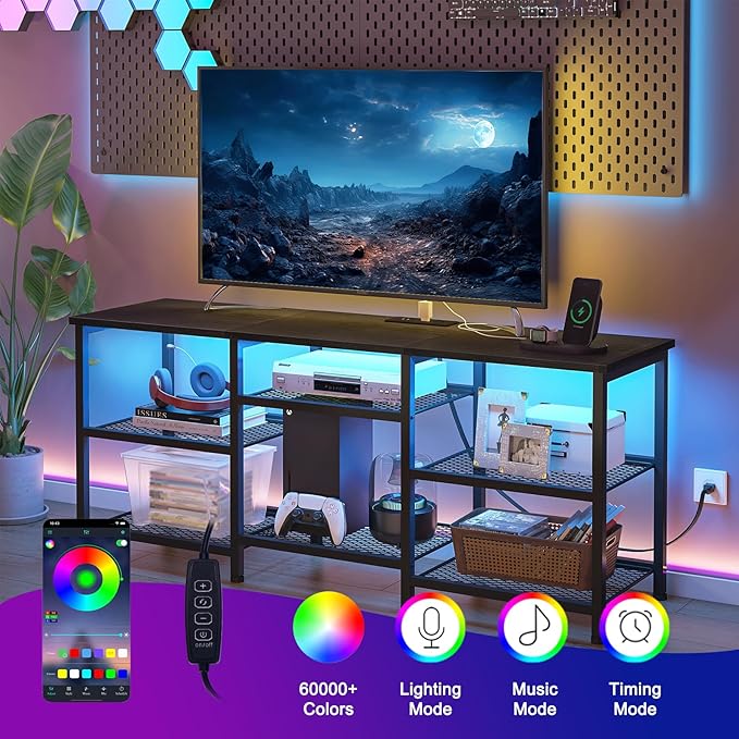YGEOMER TV Stand for TVs Up to 55 Inches Entertainment Center with Power Outlet and LED Lights Open Storage Shelves TV Media Console Table for Living Room and Bedroom Black
