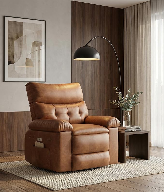 Oversized Recliner Chair PU Leather Manual Recliner with Deep Seat Lazy Single Sofa with Overstuffed Arms and Back Side Storage Pocket Comfy Reclining Chair for Living Room Brown