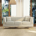 84'' L Modern 3 Seater Beige Velvet Sofa Couches with Metal Gold Legs for Living Room Mid Century Classic Tufted Chesterfield Sofa for Apartment