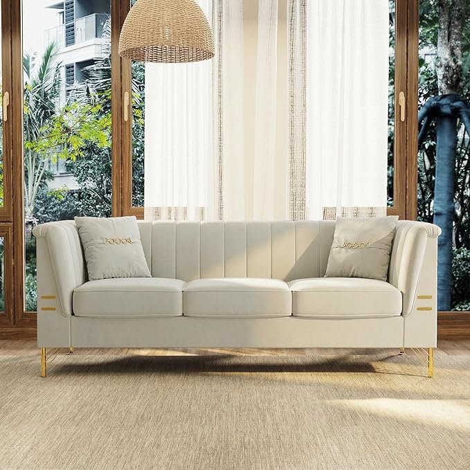 84'' L Modern 3 Seater Beige Velvet Sofa Couches with Metal Gold Legs for Living Room Mid Century Classic Tufted Chesterfield Sofa for Apartment