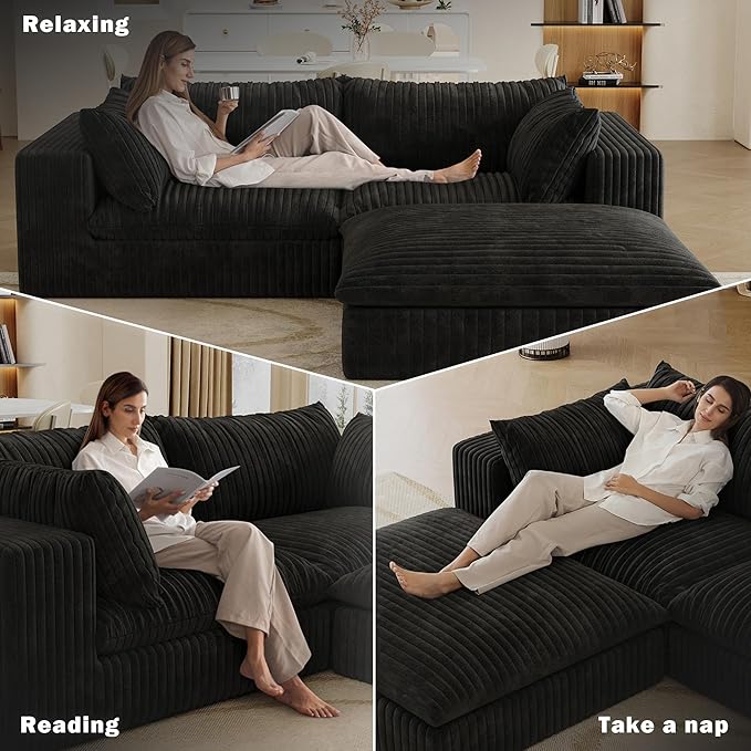 78.8 Corduroy Cloud Loveseat Sofa with Ottoman L Shaped Modular Sectional Couch with Removable Cushion No Assembly Required Deep Seat Boneless Couches for Living Room (Black &amp 1 Ottoman)