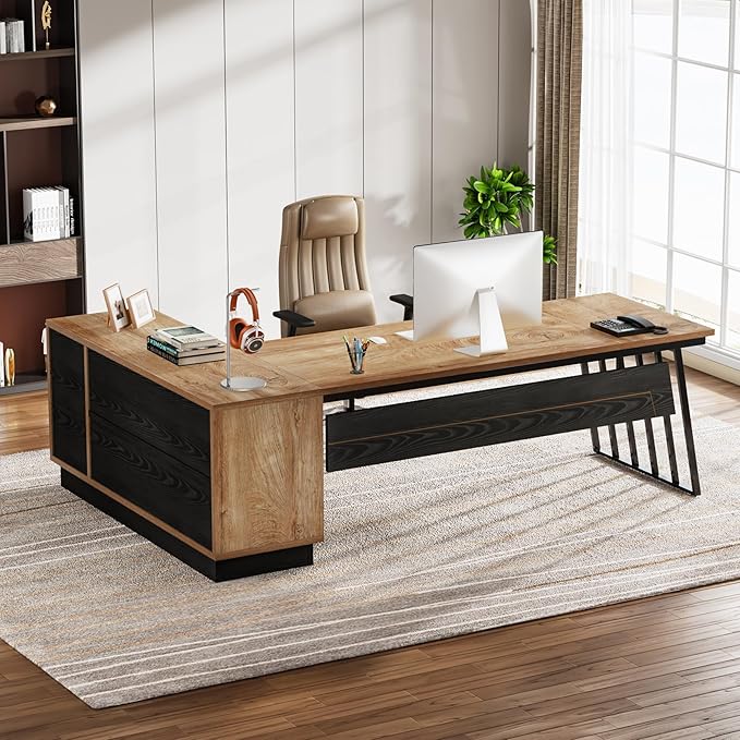 Tribesigns 71-Inch Executive Desk L-Shaped Desk with Cabinet Large Office Desk with Drawers and Storage Shelves Writing Table Computer Desk for Home Office Oak and Black