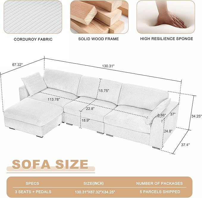 130 Sectional Couches for Living Room Boneless Couch Upholstered Cloud Couch Sectional Modular Sectional Sofa with L Shaped (Dark Grey 3 Seat+1 Ottoman)