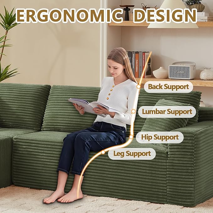 103'' Boneless Cloud Couches for Living Room Corduroy L Shaped Modular Sectional Sofa Couch W/Deep Seat &amp High-Back Comfy Memory Foam Couch Sofa in A Box (Saga Green Left Facing Chaise)