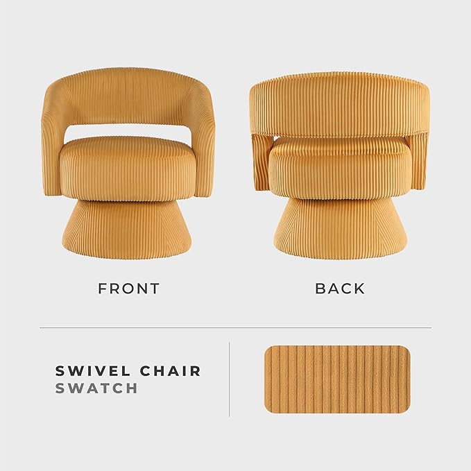 Lexicon 360 Degree Swivel Accent Chair Modern Comfy Corduroy Round Barrel Chair Open Back Plush Foam Cushions Metal Swivel Base for Living Room/Bedroom/Office Yellow
