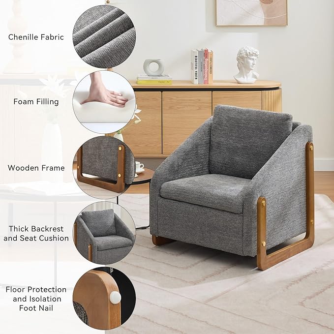 Chenille Accent ChairSingle Sofa Chair with Tilted ArmrestCozy Reading Chair for BedroomLiving Room Chair with Cushioned Backrest and Seat Holds up to 250lbs (Gray)