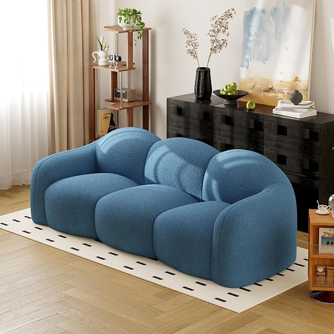 90.55 Inches 3-Seater Sofa Couch Modern Teddy Plush Boneless Sofa in a Box Soft Couches for Living Room Apartment No Assembly for Small Spaces Blue