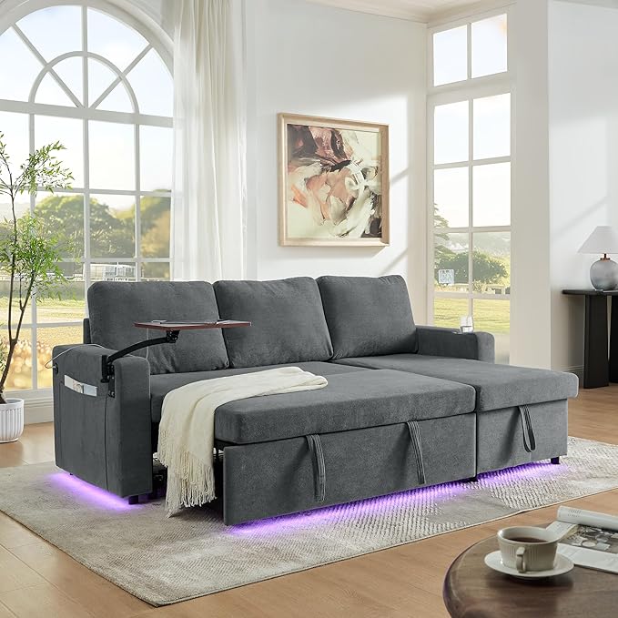 KEIKI 85 L-Shaped Chenille Sectional Sofa with Pull-Out Bed Storage Chaise Lounge Retractable Table USB Cup Holders Convertible 3-Seater Sleeper Couch Bed Easy Assembly for Living Room Grey
