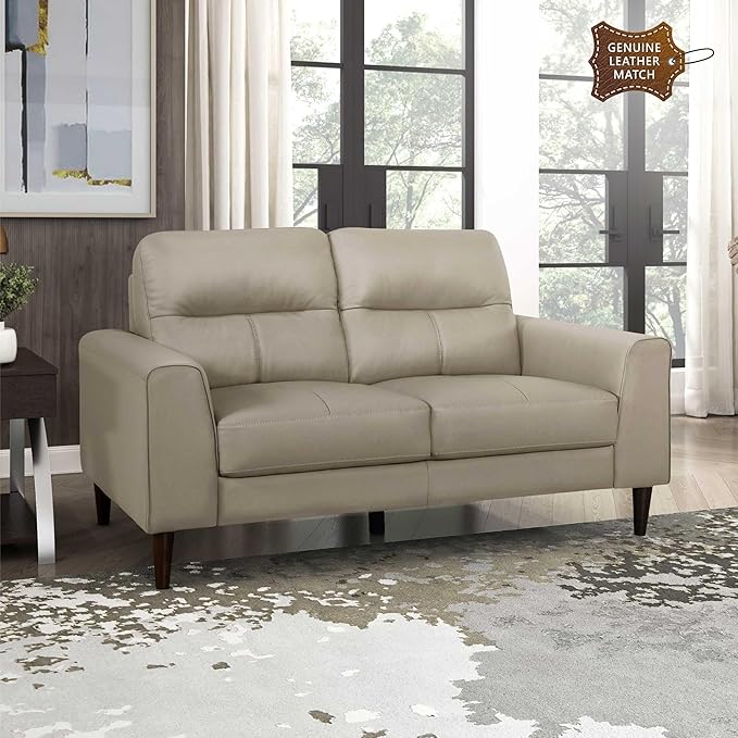 Lexicon Leather Match Loveseat Sofa Modern Couch Sofa Oversized Loveseat Solid Wood Legs Top Grain Leather 2 Seater Couch for Living Room Bedroom Office Apartment Waiting Room Latte