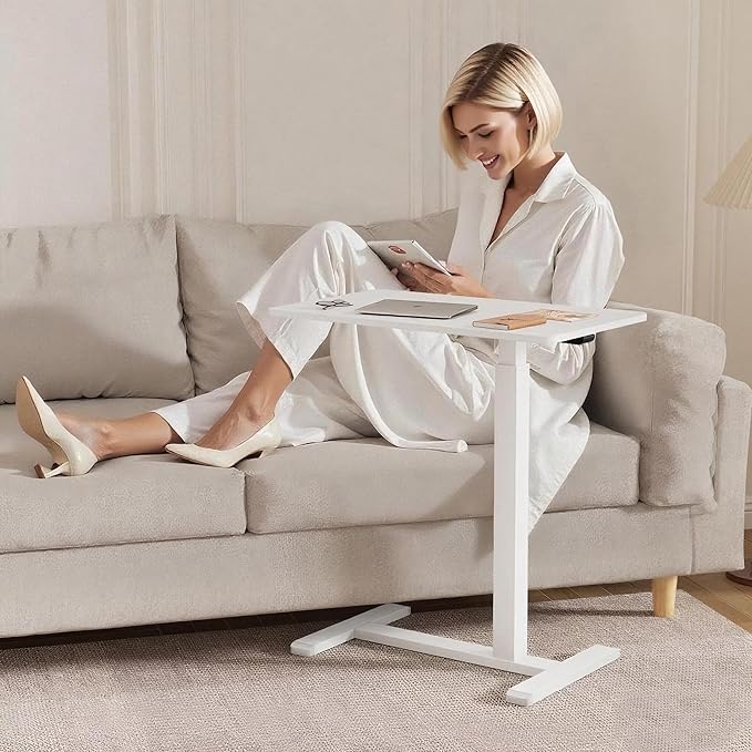 Rolling Teacher Standing Desk with Hidden WheelsPneumatic Mobile Laptop Table Height Adjustable Small Sit Standing Desk for Home OfficeWhite