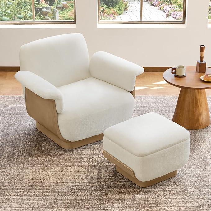 CHITA Fabric Swivel Chair with Storage Ottoman Modern Living Room Accent Chair with Lounge Seat for Bedroom Office Cream