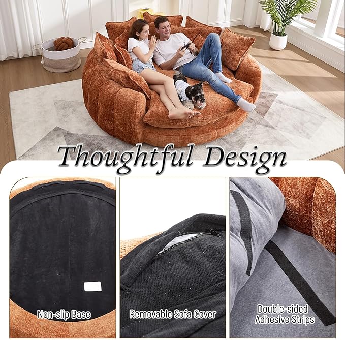 81.1W Oversized Round Chaise Lounge Chair Indoor Sofa Bed Extra Wide Round Couch for 2 People Oversized Chair with 14 Pillows Comfy Cloud Reading Couch Fluffy Sleeper Sofa for Living Room (Orange)