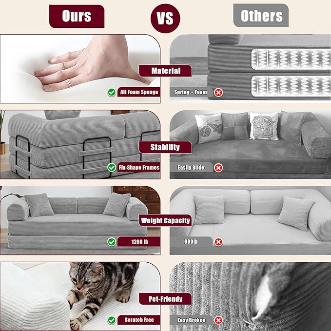 JJJ 78 inch Sofa Bed 4-in-1 Boneless Convertible Corduroy Sleeper Folding Couch with Fixed-Shape Frame and 2 Futons No Assemble Required 3 Seater Upholstered for Living Room (Light Grey 78 inch)