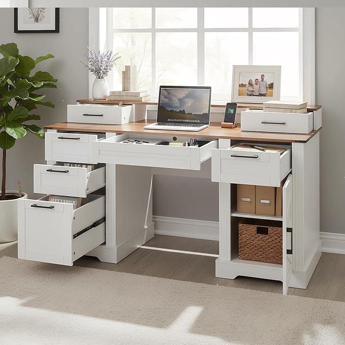 RiteSune 59.5 Farmhouse Computer Desk with USB Charging Station Fixed Monitor Stand with Drawers Keyboard Tray &amp File Cabinet Home Office Writing Desk with Large Storage