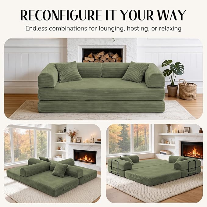 79 Corduroy Sofa Bed Boneless Couch in a Box with 2 Pillows High-Density Foam 4-in-1 Foldable Sleeper Futon Loveseat for Small Spaces No Assembly Side Pockets Green