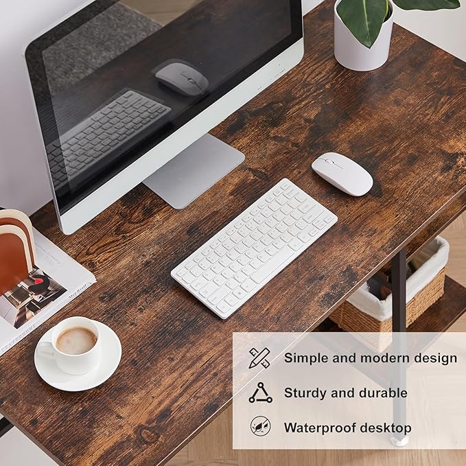 VECELO 43 Inch Computer Desk Writing Study Work Office Table Modern Desk with Shelves Wooden Desk for Home BedroomWalnut Desk
