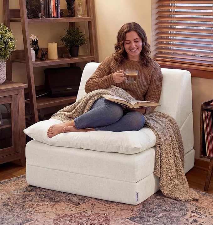 Hobestluk Sofa Couch Folding Sofa Bed Comfy Floor Lounger Convertible Sofa with Removable Cushion Couches for Small Spaces Foldable Mattress for Living Room Bedroom or Office (Chenille Beige Large)