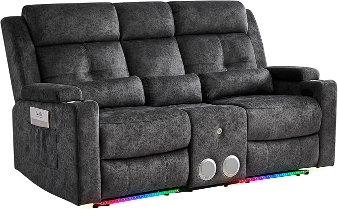 Power Reclining Loveseat Sofa with Bluetooth Function One-Touch Home Theater Seating Couch with LED Light/Console/StorageRV Wall Hugger Double Recliner for Living Room&ampHome Theater(Velvet Gray)
