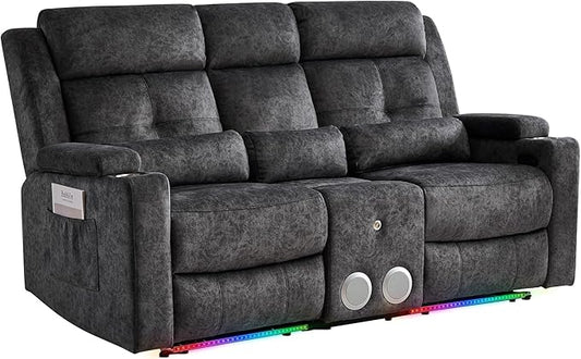 Power Reclining Loveseat Sofa with Bluetooth Function One-Touch Home Theater Seating Couch with LED Light/Console/StorageRV Wall Hugger Double Recliner for Living Room&ampHome Theater(Velvet Gray)