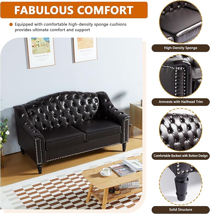 AVZEAR Chesterfield Loveseat Sofa Mid-Century Modern Upholstered PU Sofa 2 Seater Couch with Nailhead Trim and Button Tufted for Living Room Office Bedroom Brown
