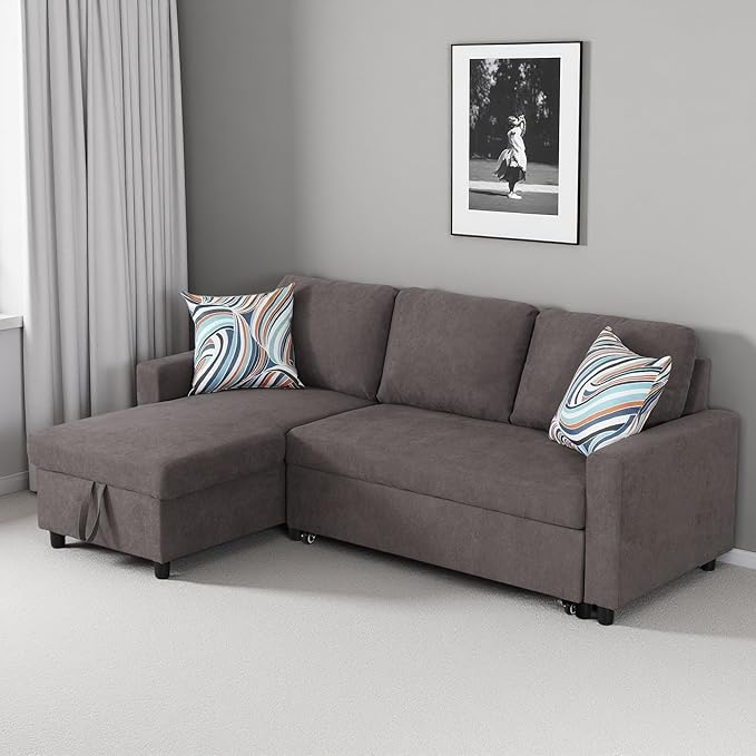 Sleeper Sofa Couch 2 in 1 Pull Out Couch Bed with Storage Chaise L Shaped Sectional Sleeper Sofas Bed Convertible Pullout Sofa for Living Room Apartment Dark Brown