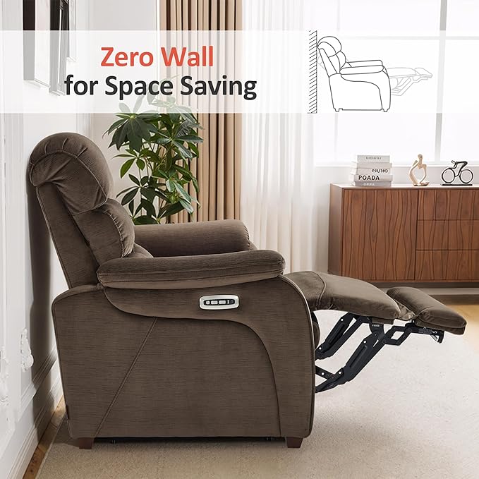 MCombo Power Zero Wall Hugger Recliner Chair for Small Space RV Living Room Power Recliner with Adjustable Headrest USB &amp USB-C Charging Ports Fabric ST257 (Coffee)