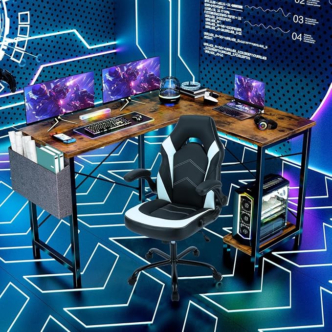 Sweetcrispy L Shaped Desk Computer Gaming Corner Table 51 Inch Home Office Writing Student Work PC Workstation with Side Storage Bag CPU Stand for Bedroom Small Spaces
