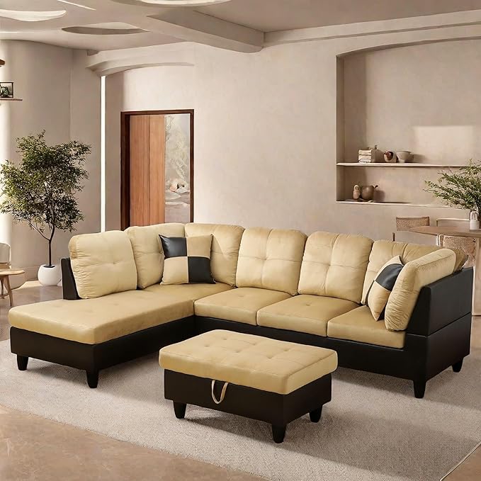 FONTOI L Shaped Sectional Couch with Otttoman 103 Sectional Sofa for Living Room Flannel Modular Couches with Cup Holders for Bedroom Apartments Beige &ampBrown