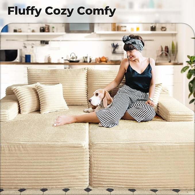 Oversized Chaise Lounge Sofa Indoor - 80 Cloud Sectional Couch Sofa BedLuxury Deep Seat Plush Corduroy Lounge Chair Sleeper Sofa for Living Room Bedroom (Beige2PCS)