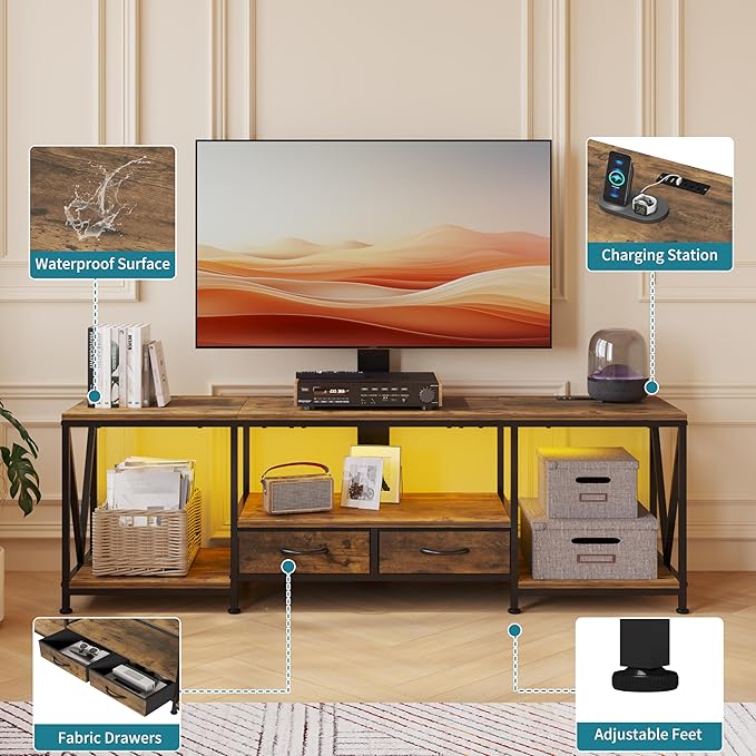 63 W TV Stand with Mount for 556575 TVEntertainment Center with Power Outlet&ampLed LightsHeight Adjustable TV Console Table with Open Storage Shelves&ampFabric Drawers (Rustic Brown 63“W)