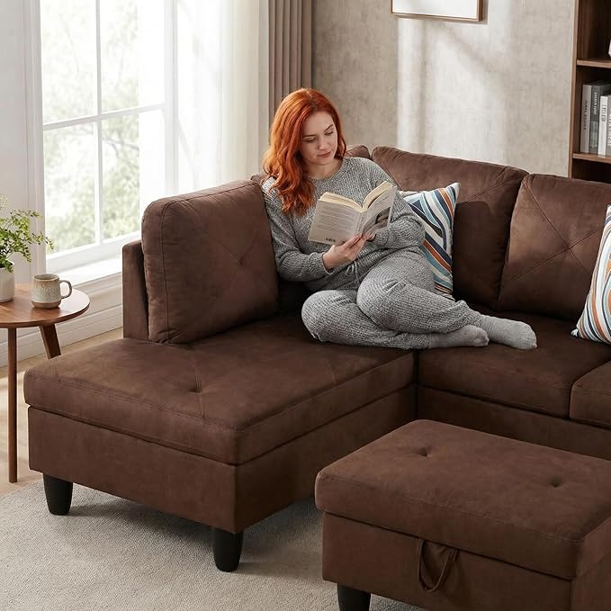 3-Piece L-Shaped Modular Leather Sofa – Convertible Sectional Couch with Movable Chaise &amp Storage Ottoman Multi-Scene Use for Living Room Apartment &amp Office Brown