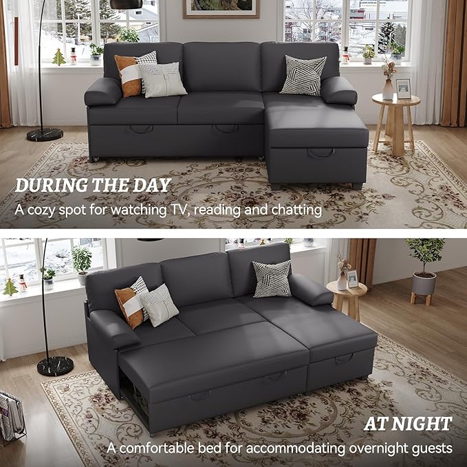 80 inch Convertible Sectional Sofa L-Shaped Sofa Sleeper with Reversible Chaise Faux Leather Couch Bed with StorageRemovable ArmrestModern Pull Out Bed for Living Room BedroomGray