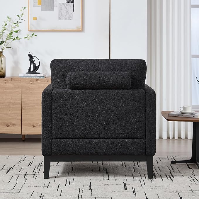 35.4 Modern Boucle Accent Chair with Deep Seat Oversized Wooden Upholstered Armchair Single Sofa Lounge Reading Chairs Large Accent Chair for Living Room/Bedroom/Office (Black &amp Style 2)