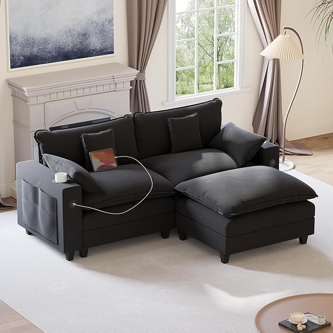 80.7 Modular Sectional Sofa L Shaped Cloud Couch with Movable Ottoman Chenille Deep Seat Cloud Sofa with Charging Station Cup Holder Side Pocket Sectional Couches for Living Room Black