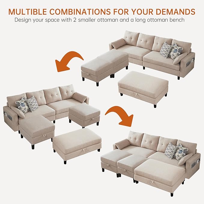 Convertible Sectional Sleeper Sofa with Storages 100 U Shaped 4 Seater Couch with 2 Movable Ottomans and 1 Ottoman Bench Polyester Fibre for Living Room Beige