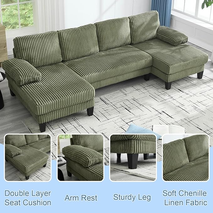 Sectional Couches for Living Room 114 Cloud Couch Modular Sofa Convertible U Shaped Couchs with Double Chaise 4-Seat Deep Seats Corduroy Sleeper Sofas for Home Furniture Green