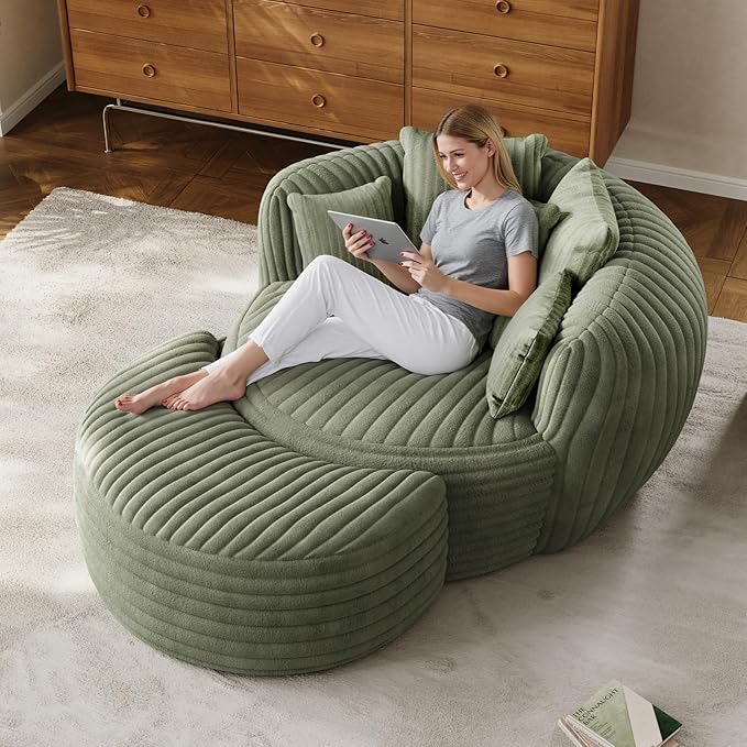 50 Oversized Chaise Lounge Indoor Round Reading Chair Lounge Chair with Ottoman Boneless Sofa Bed Large Fluffy Plush Corduroy Chaise Chair for Living Room Playroom Bedroom Green